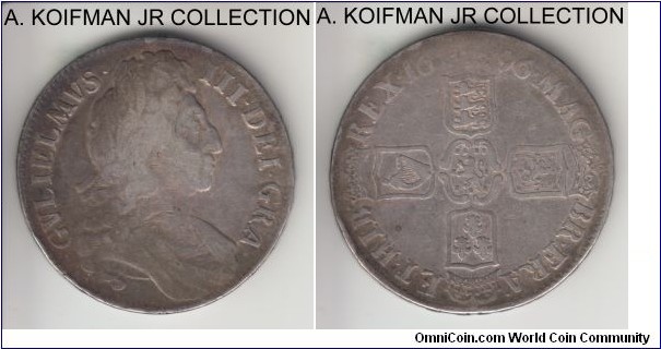 KM-494.1, 1696 Great Britain crown; silver, lettered edge; William III, third bust, very good to fine, overall wear.