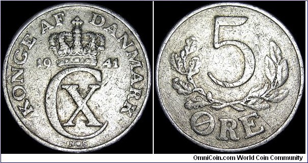 Denmark - 5 Öre - 1941 - Weight 2,4 gr - Aluminum - Size 27 mm - Alignment Medal (0°) - Ruler / Christian X (1912-47) - Mint official initial N = Niels Peter Nielsen - Moneyers initial S = Harald Salomon - Mint mark heart = Copenhagen - Edge : Plain - Mintage 16 984 000 - Reference KM# 837 (1941)