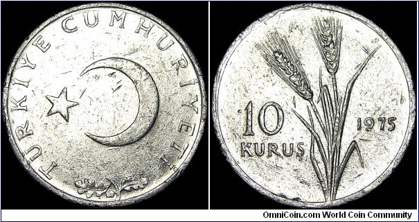 Turkey - 10 Kurus - 1975 - Weight 1,5 gr - Aluminum - Size 21 mm - Alignment Coin (180°) - President - Fahri Korutürk (1973-80) - Edge : Plain - Mintage 2 165 000 - Reference KM# 891a (1975-77)