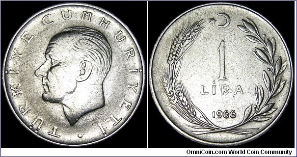 Turkey - 1 Lira - 1966 - Weight 8,0 gr - Stainless steel - Size 27 mm - Alignment Coin (180°) - President / Cemal Gürsel (1960-66) - Obverse / Head of Kemal Atatürk left - Edge : Ornament and lettering TÜRKIYE COMMURIYETI - Mintage 8 040 000 - Reference KM# 889a.1 (1959-67)
