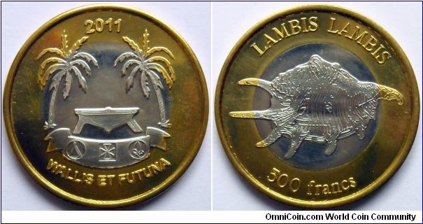 500 francs.
2011, Wallis and Futuna. Bimetal.