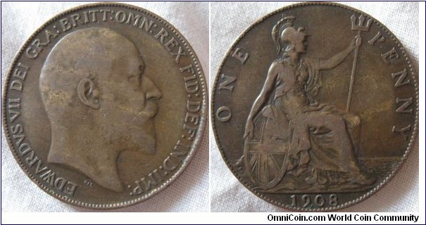 1908 penny aVF reverse, obverse F, nice colour