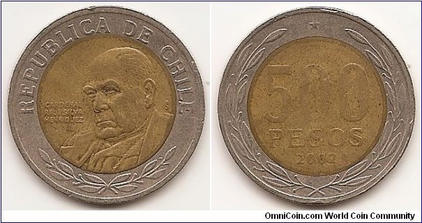 500 Pesos
KM#235
6.5000 g., Bi-Metallic Aluminum-bronze center in Copper-nickel ring, 25.9 mm.   Subject: Cardinal Raul Silva Henriquez Obv: Bust of Henriquez within inner ring facing left Rev: Denomination above date within wreath Edge: Reeded