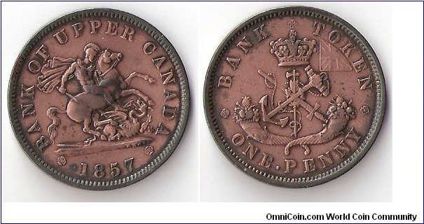 Bank of Upper Canada - Bank Token for One Penny.  (OB: St. George - Rev: Crown / crossed anchor and sword / 2 cornocopias) 