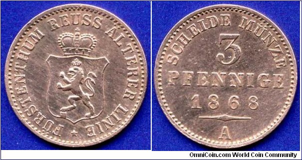 3 pfennige.
Reuss, älterer Linie zu Obergreiz.
Henrich XXII (1859-1902).
*A*- Berlin mint.
Mintage 240,000 units.


Cu.