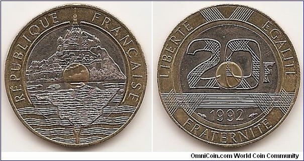 20 Francs
KM#1008.2
9.0000 g., Tri-Metallic Copper-Aluminum-Nickel center plug, Nickel inner ring, Copper-Aluminum-Nickel outer ring, 27 mm. Obv: Mont St. Michel Rev: Patterned denomination above date Edge: 5 milled bands, reeded or plain