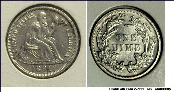 1891 Clash Die Seated Dime Obv. showing details from reverse and rev. and details from obverse. At the 