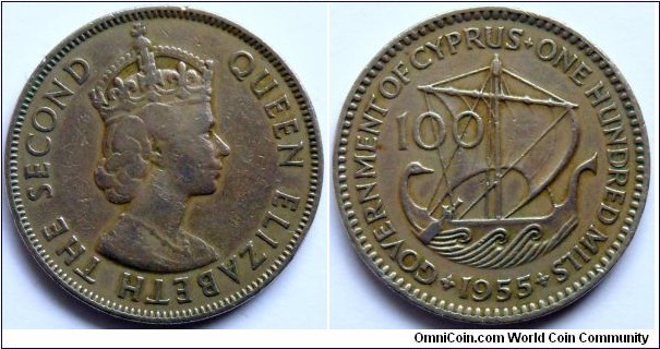 100 mils.
1955, Cu-ni. Weight; 5,6g. Diameter; 23,5mm.
Reeded edge. Design; Cecil Thomas, William Gardner. Struck at Royal Mint, London.
Mintage; 2.500.000 units.
