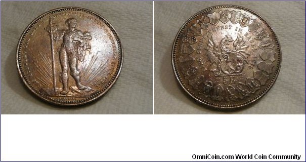 Swiss 5 Fr. Shooting Fest in Basel by Eduard Durussel. Silver 38MM. Mintage: 30,000