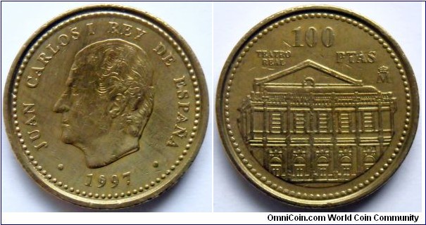 100 pesetas.
1997, Teatro Real (Royal Theatre)
Cu-Ni-Al-Fe-Mn.
Weight; 9,25g.
Diameter; 24,5mm.
Mint; Fabrica Nacional de Monede y Timbre, Madrid.
Mintage; 29.480.000.