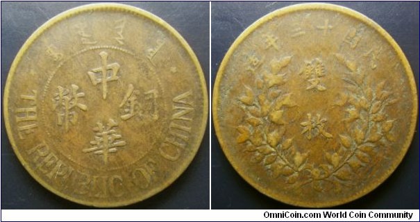 China 1924 20 cash. Struck in Hebei Province. Weight: 9.5g. 
