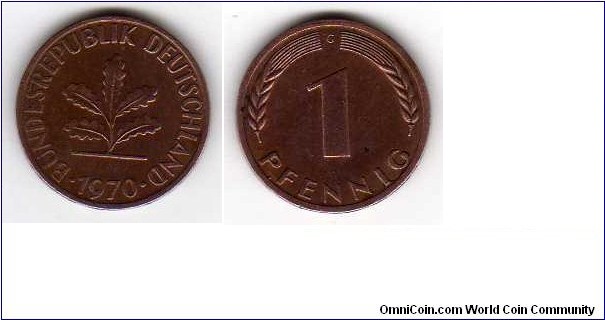 *GERMAN FEDERAL REPUBLIC* ___________________ 

1 Pfenning__ km# 101__ Mint Mark (G) Karlsruhe__ 1948-1949 ===================