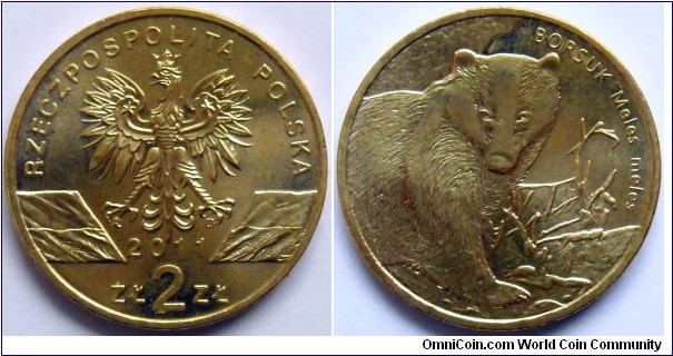 2 zlote.
2011, Badger (Meles meles) Metal; Nordic Gold. Weight; 8,15g. Diameter; 27mm.
Mint Warsaw. Mintage; 1.500.000 units.