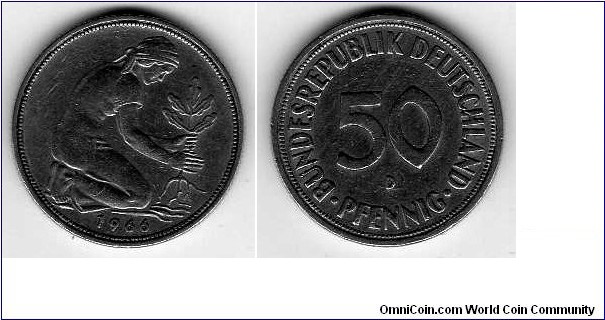 *GERMAN FEDERAL REPUBLIC* ___________________ 50 Pfenning__km# 109.1__Mint Mark (D) Munich__Reeded Edge__1950-1971
