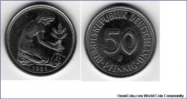 *GERMAN FEDERAL REPUBLIC* ___________________ 50 Pfenning__km# 109.1__Mint Mark (J) Hamburgh__Plain Edge__1950-1971