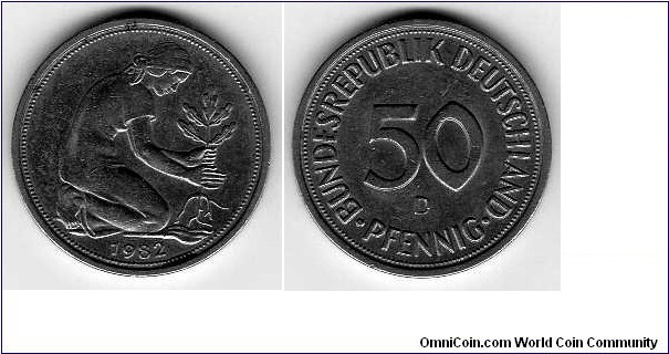 *GERMAN FEDERAL REPUBLIC* ___________________ 50 Pfenning__km# 109.1__Mint Mark (D) Munich__Plain Edge__1950-1971
