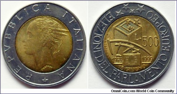 500 lire.
1999, Elections of the European Parliament.
Bimetal, Weight; 6,89g. Diameter; 25,8mm. Minted in Rome.
