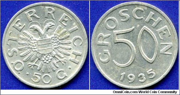 50 groschen.
Austrian Republic.
After Reform coinage.
Mintage 11,435,000 units.


Cu-Ni.

