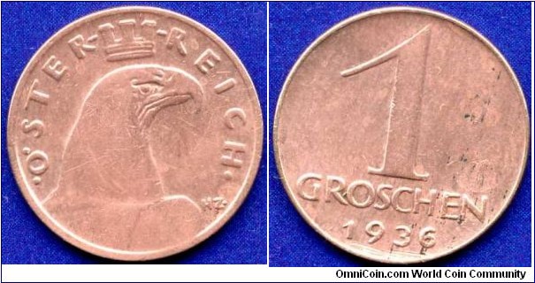 1 groschen.
Austrian Republic.
After Reform coinage.
Mintage 6,020,000 units.


Br.