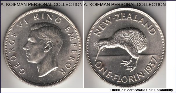 KM-10.1, 1937 New Zealand florin; silver, reeded edge; average uncirculated, good mint luster, especially on reverse, a bit too many buggy on obverse.