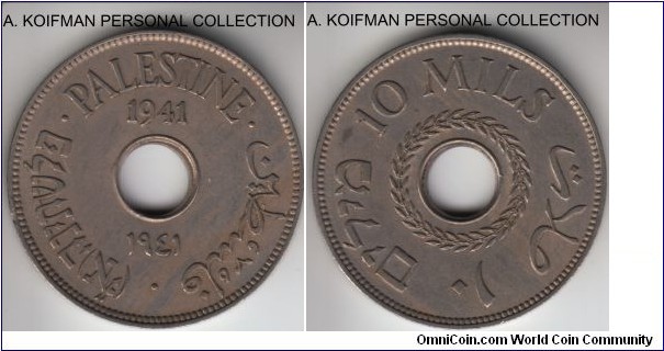 KM-4, 1941 Palestine 10 mils; copper-nickel, plain edge; good very fine to extra fine, scarcest of the 10 mil coins.