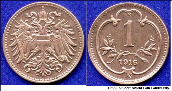 1 heller.
Austro-Hungary Empire.
Austrian arm.
Franc Ioseph I (1848-1916).


Br.