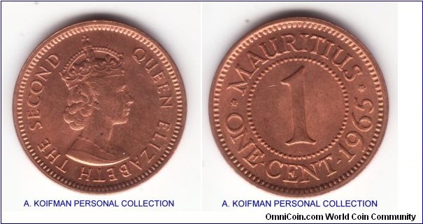 KM-31, 1965 Mauritius cent; bronze, plain edge; red uncirculated specimen.