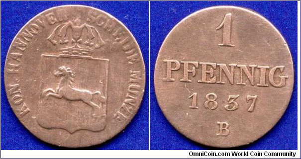 1 pfennig.
Kingdom of Hannover.
Ernst August (1837-1851).
*B* - mintmaster Ludwig August Bruel, work in 1814-38.


Cu.