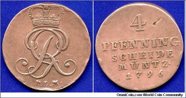 4 pfenning.
Braunschweig-Calenberg-Lüneburg-Hannover.
George III (1760-1820), King of Britain.
*PLM* - mintmaster Philipp Ludwig Magius, work on Clausthal mint in 1792-1800.


Cu.