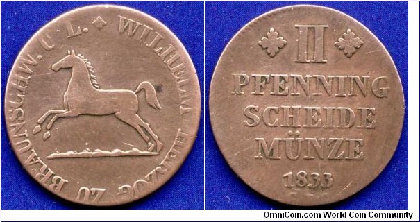 2 pfenning.
Braunschweig-Lüneburg.
Wilhelm (1831-1884), Herzog zu Braunschweig und Lüneburg.


Cu.