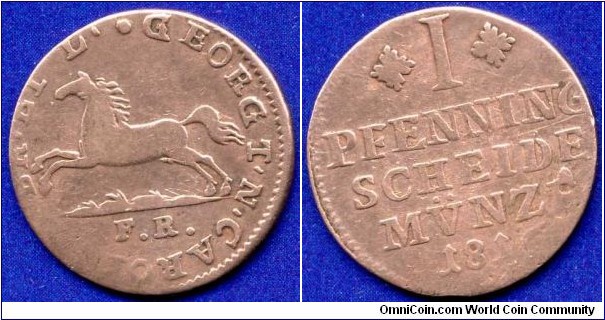 1 pfenning.
Braunschweig-Wolfenbüttel.
Karl II (1815-1820), under regency of Grorge III of Britain.
*F.R.* - mintmaster Fridrich Ritter in Braunsweig.


Cu.