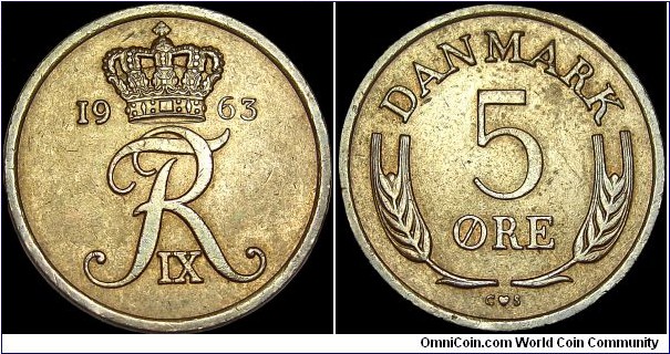 Denmark - 5 Öre - 1963 - Weight 6,0 gr - Bronze - Size 24 mm - Alignment medal (0°) - Ruler / Frederik IX (1947-72) - Moneyers Initials S = Harald Salomon - Mint Officials Initial C = Alfred Fredrik Christiansen - Mint mark Heart = Copenhagen - Edge : Plain - Mintage 23 287 000 - Reference KM# 848.1 (1960-71)