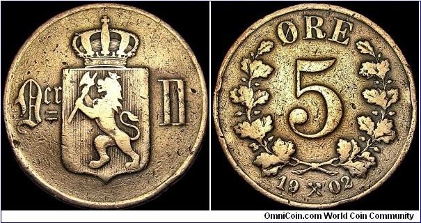 Norway - 2 Öre - 1902 - Weight 8,0 gr - Bronze - Size 27 mm - Alignment medal (0°) - Ruler / Swedish Oscar II (1872-1905) - Mint mark crossed hammers = Kongsberg - Edge : Plain - Mintage 705 000 - Reference KM# 349 (1902)