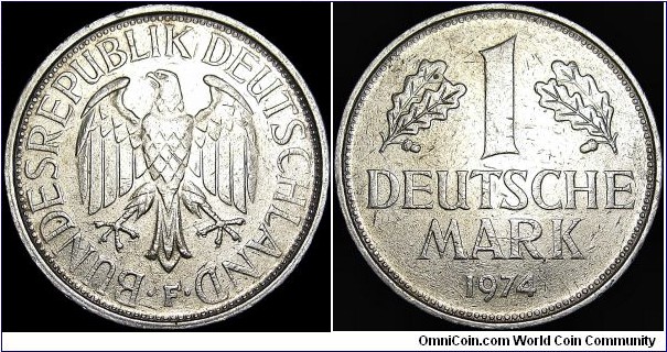 Germany - Federal Republic - 1 Mark - 1974 - Weight 5,5 gr - Copper Nickel - Size 23,5 mm - Thickness 1,75 mm - Alignment Medal (0°) - Bundeskanzler / Willy Brandt (1969-74) - Designer / Josef Bernhart - Mint mark F = Stuttgart - Edge : Ornaments - Mintage 24 057 257 - Reference KM# 110 (1950-2000)