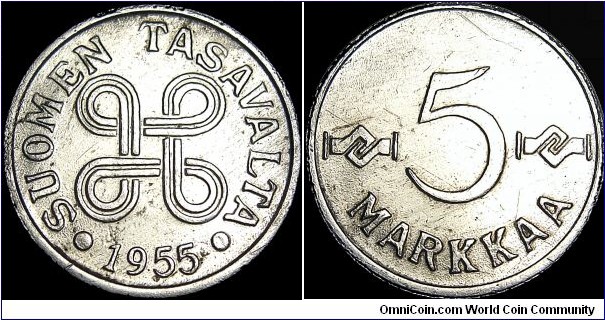 Finland - 5 Markkaa - 1955 - Weight 2,5 gr - Nickel Plated Iron - Size 18 mm - Alignment Medal (0°) - President / Juho Kusti Paasikivi (1946-1956) - Designer / Peippo Uolevi Helle - Edge : Plain - Mintage 9 894 000 - Reference KM# 37a (1953-62)