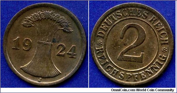 2 reichspfennig.
Weimar Republic.
*J* - Hamburg mint.
Mintage 7,489,000 units.


Br.