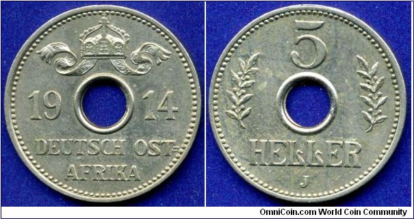 5 heller.
Deutsch Ostafrika / German East Africa.
*J* - Hamburg mint.
Mintage 1,000,000 units.


Cu-Ni.