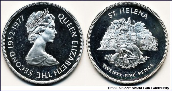 20 pence (crown), 28.28g, 38.5mm, 0.9250 silver, .8410 oz. ASW., QEII silver jubilee, rev. Aldabra giant tortoise.