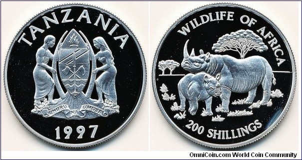 200 Shilingi, 20g, 34mm, 0.5000 Silver, .3215 oz. ASW., Wildlife of Africa, rev. Adult and baby rhiho