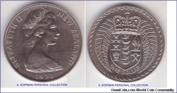 KM-38.2, 1971 New Zealand dollar, Royal mint; copper-nickel, reeded edge; average uncirculated, mintage 45,000