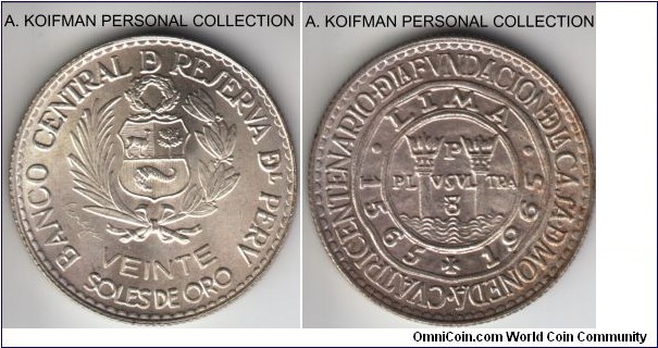 KM-241, Peru ND (1965) 20 soles; silver, reeded edge; 400 years of the Mint commemorative, nice uncirculated, reverse is toned.