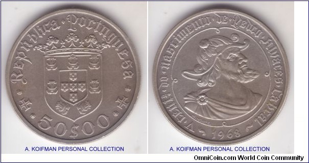 KM-593, 1968 Portugal 50 escudos, matte finish; silver, reeded edge; uncirculated, few of tiny spots, looks to be one of the 400 matte finish specimen specially ordered from the mint.