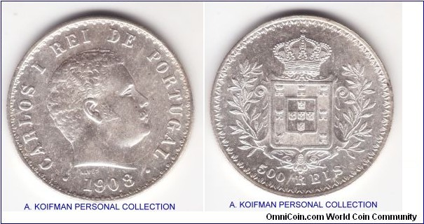 KM-535, 1908 Portugal 500 reis; silver, reeded edge; almost uncirculated