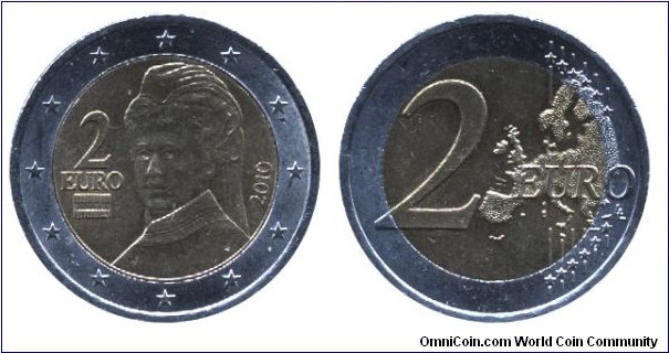 Austria, 2 euros, 2010, Cu-Ni-Ni-S, 25.75mm, 8.5g, bi-metallic, Berta von Suttner radical pacifist.
