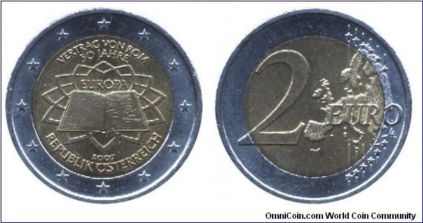 Austria, 2 euros, 2007, Cu-Ni-Ni-S, bi-metallic, 25.75mm, 8.5g, 50th Anniversary of the Treaty of Rome.