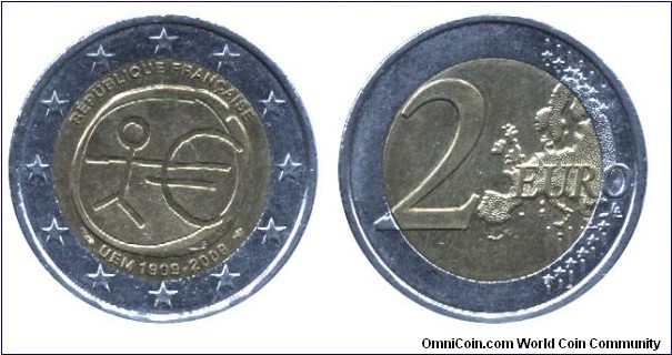 France, 2 euros, 2009, Cu-Ni-Ni-S, bi-metallic, 25.75mm, 8.5g, 10th Anniversary of the euro.