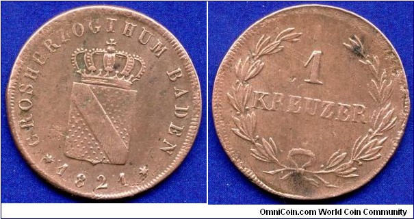 1 kreuzer.
Grossherzogthum Baden.
Ludwig (1818-1830).
Mintage 55,000 units.


Cu.
