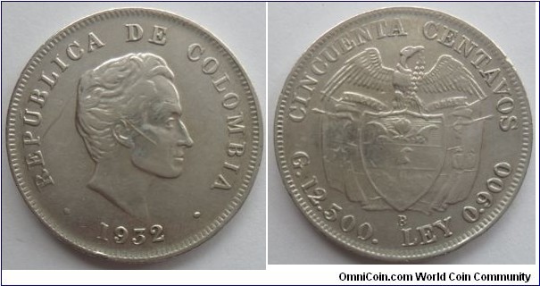 colombia  50 centavos 1932 -soldmint- Medellin-900 silver scarce-12.4 g 30mm km193.2 CAT 127-4 $ 35