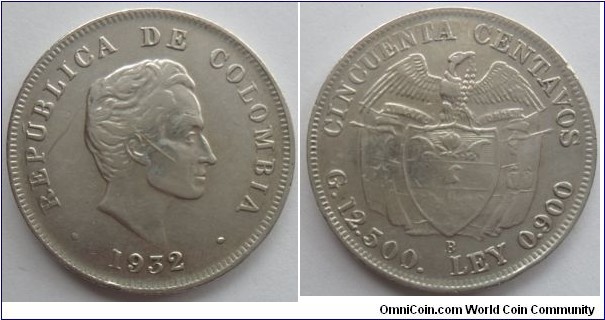 colombia  50 centavos 1932 -soldmint- Medellin-900 silver scarce-12.4 g 30mm km193.2 CAT 127-4 $ 35