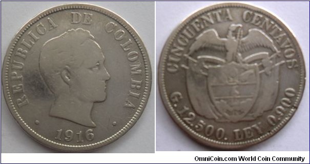 COLOMBIA 50 CENTAVOS 1916-SILVER 0.900 CAT 131-4 SOLD